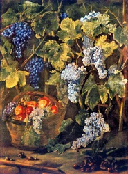 Naturaleza muerta con una cesta de frutas, castañas y un fondo de vides y racimos de uvas